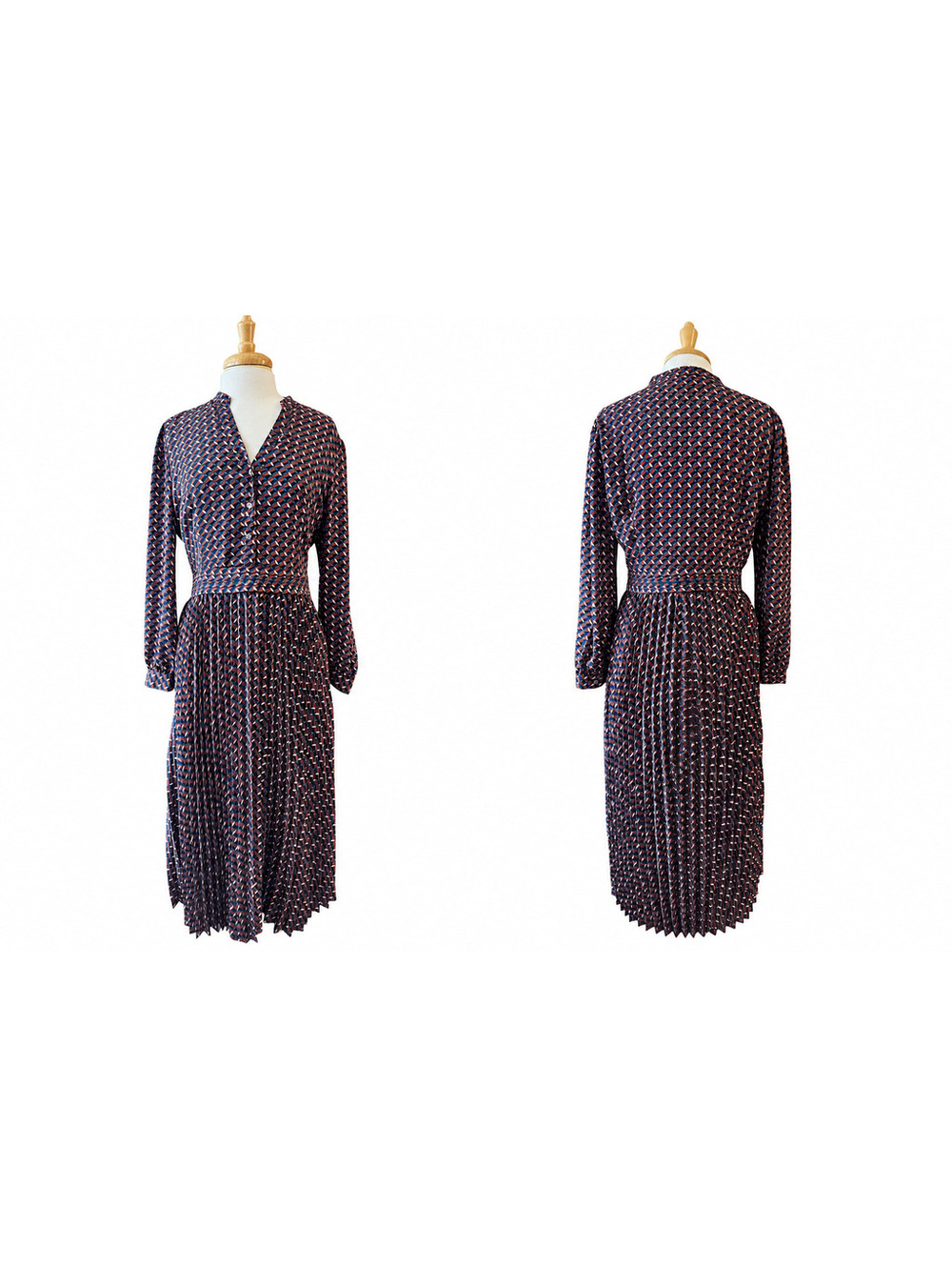 Untuckit Gia Dress Women's Geometric Pleated Midi Long Sleeve V Neck Fall